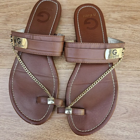G By Guess Brown Leather Sandals with Gold Chain Size 8 - Picture 9 of 16